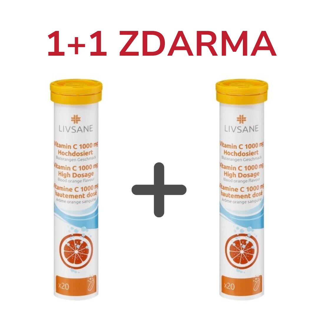 1+1 ZDARMA LIVSANE Šumivé tablety, vitamin C vysoká dávka 1000mg, příchuť červený pomeranč, 20 šumivých tablet